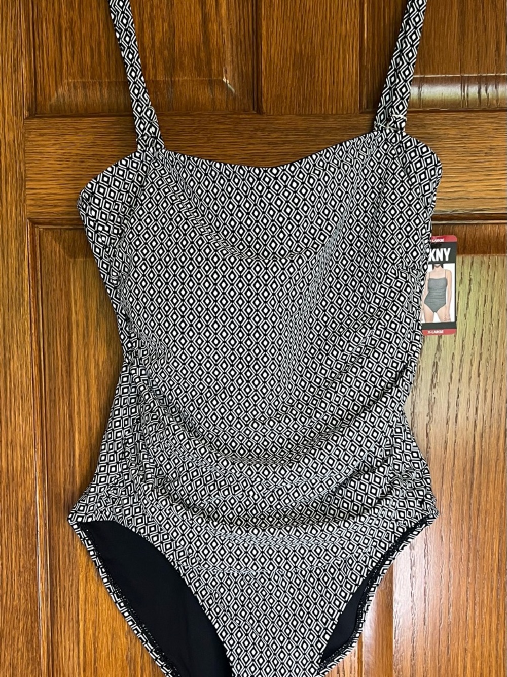 DKNY Women's Swimsuit Size XL One-Piece UPF Protect Black White Geometric NEW